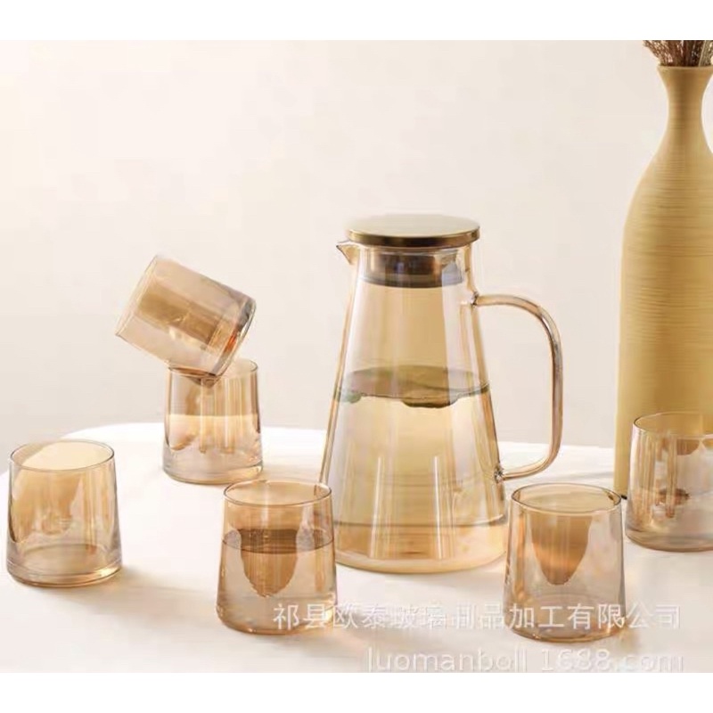 Sét Bộ bình cốc chịu nhiệt thủy tinh màu hổ phách cao cấp sang trọng