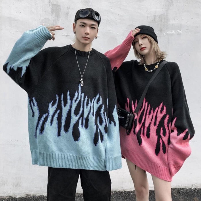 Happy-store ❤️ Áo sweater len nam nữ form rộng ngọn lửa xanh đen, áo sweater nam unisex màu đen thời trang hàn quốc