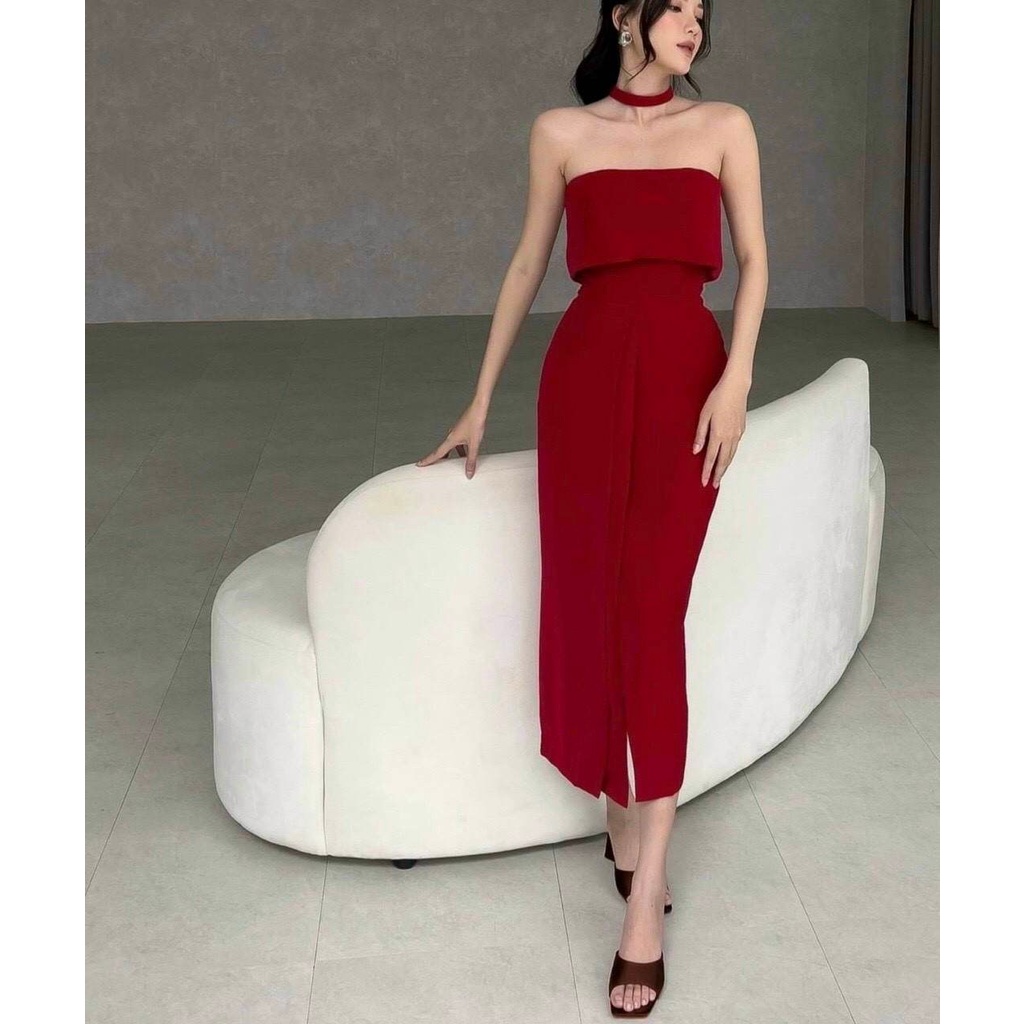 Đầm nữ trễ vai cúp ngực có xẻ quấn cổ sang trọng