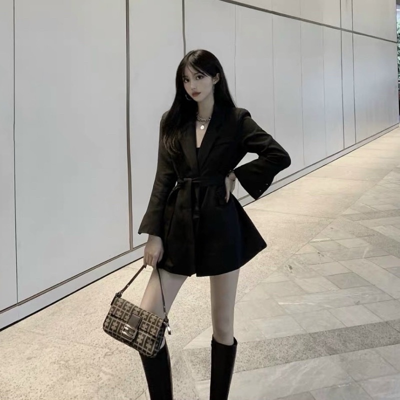 Áo khoác vest nữ dáng dài cột eo chất tuyết mưa