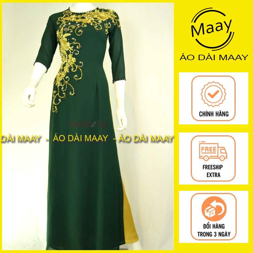 Áo dài trung niên xanh rêu đính kết sang trọng tặng bà tặng mẹ - Áo dài Maay