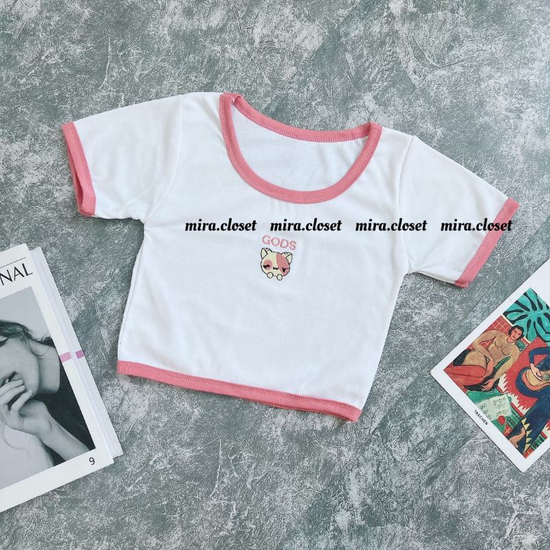 Áo Croptop Ôm Body Cổ Tròn Tay Ngắn MIRA.CLOSET, Áo Trắng Viền Hồng Hoạ Tiết Thêu Con Mèo A5316