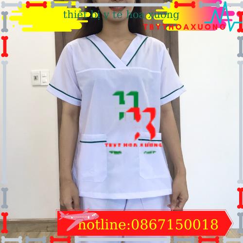 Quần Áo Blu Nữ Dược sỹ, Đồng Phục Quầy Thuốc,  Nhà Thuốc, Bộ Blouse Cổ Tim Màu Trắng Viền Xanh Lá, Xanh Dương