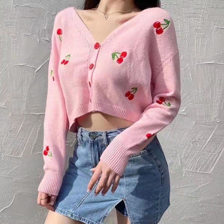 Áo Khoác Cardigan Dệt Kim Dáng Ngắn Tay Dài Màu Hồng Cherry Dễ Thương Thời Trang 2021 Cho Bạn Gái