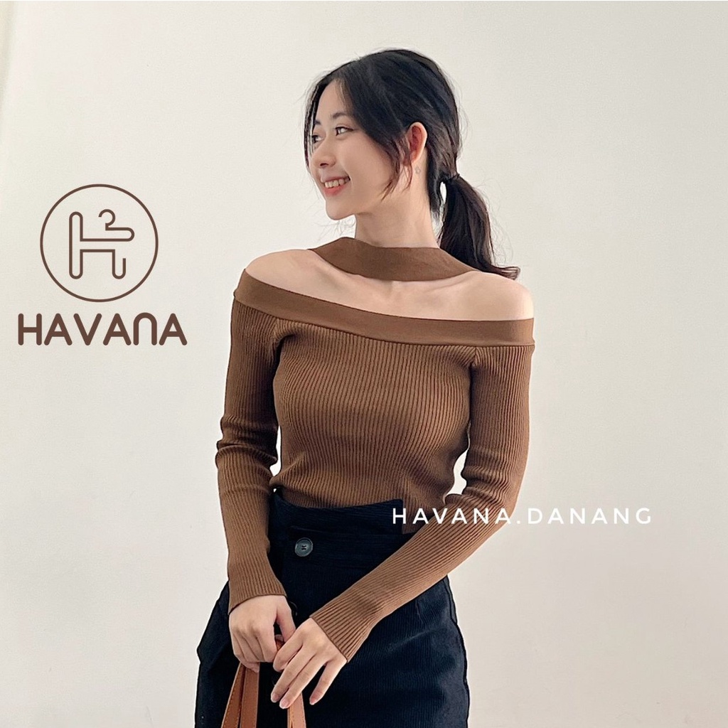 Áo len trễ vai dệt kim, áo len tăm dài tay cổ kiểu choker phong cách Hàn Quốc AE277