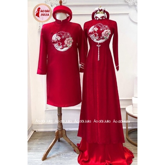 ÁO DÀI CÔ DÂU ĐỎ KẾT HOA PHỤNG CAO CẤP