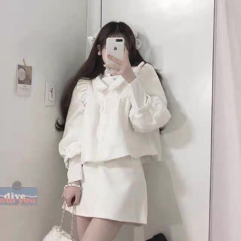 Set Áo Tay Dài Bồng Dáng Babydoll Cổ Bẻ Và Chân Váy Chữ A Xinh Xắn