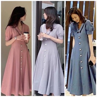 Đầm váy xám form dài nút trắng (kèm hình thật)