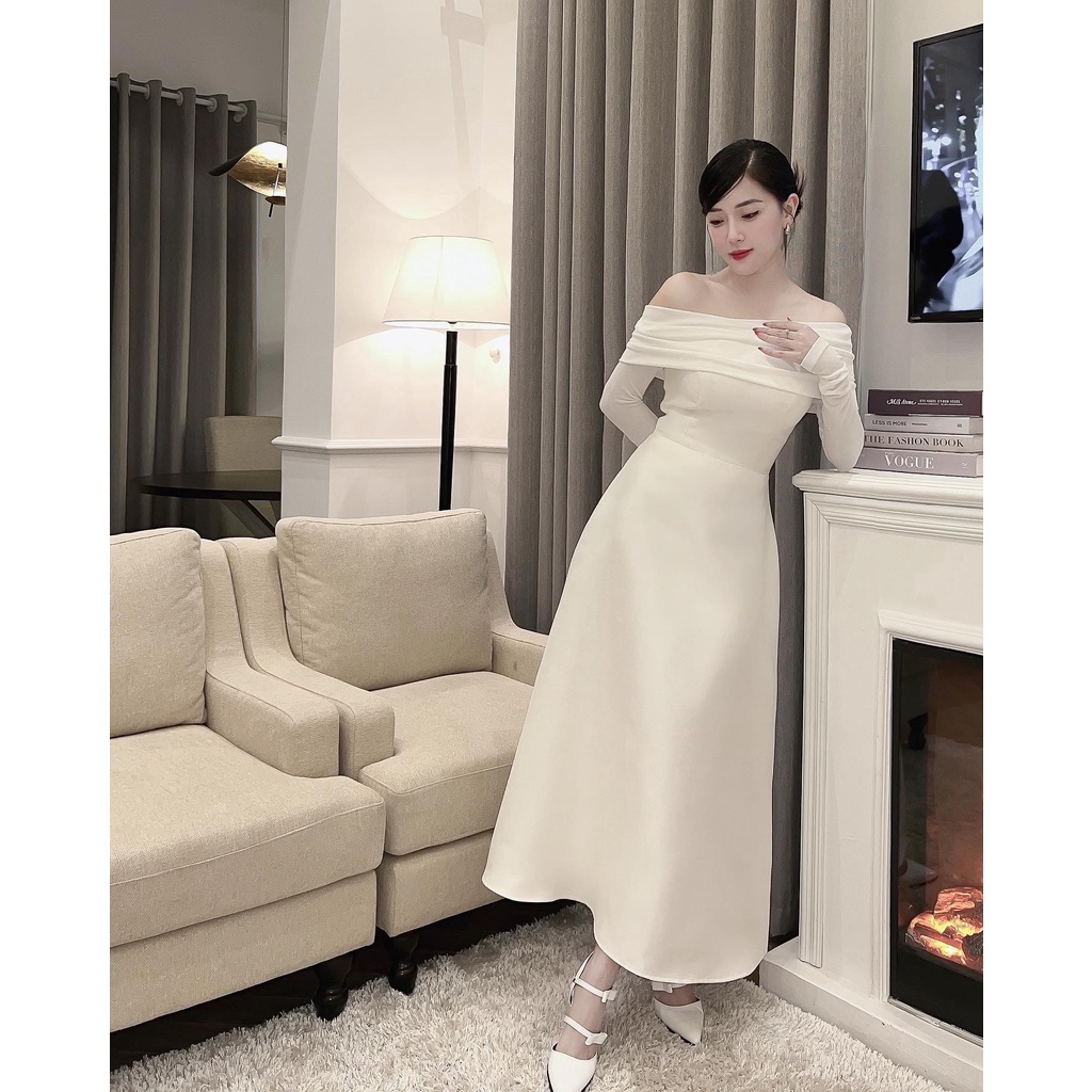 Đầm tapta kem phối cotton dài tay - Thiết kế dáng dài tapta phối cùng vải cotton trên tay - Thiết kế Flane