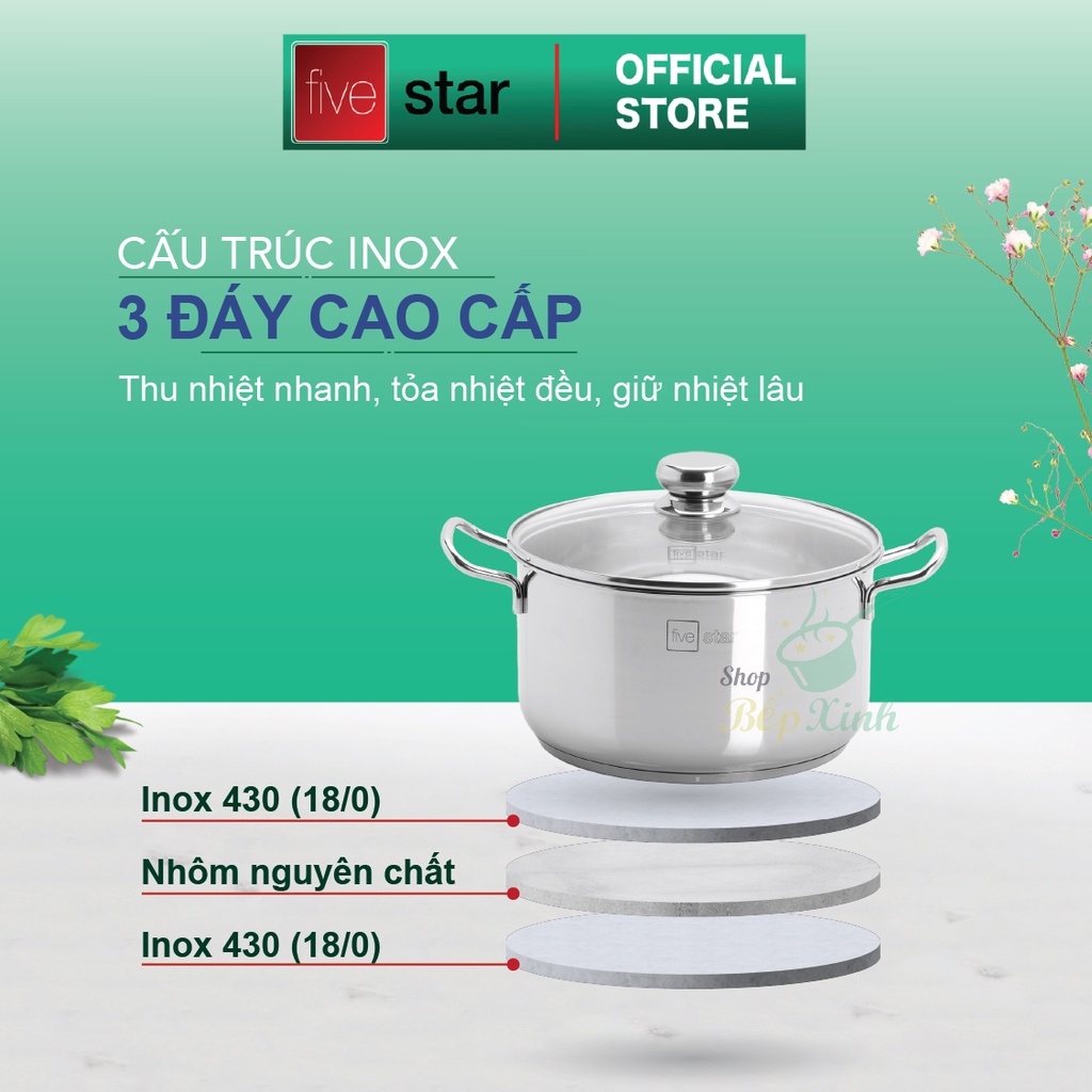 Bộ nồi inox 430 Fivestar Standard 3 đáy bếp từ nắp kính FS06CG tặng 1 muỗng canh( 1 nồi 16cm x 1 nồi 20cm x 1 nồi 24cm )