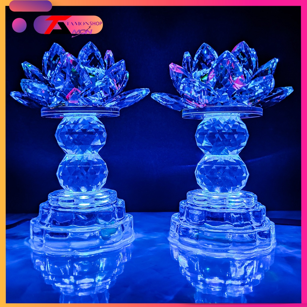 1 Cặp đèn pha lê thờ cúng hoa sen đổi nhiều màu hình cầu 2 bi, đèn hoa sen để bàn thờ, đồ thờ cúng tổ tiên, thần, phật