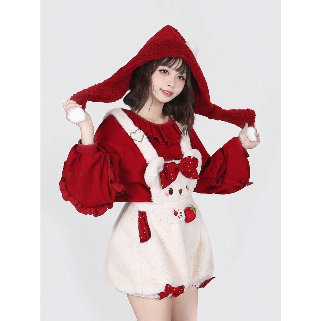 Set Áo Thun Dài Tay In Hình Dâu Tây + Quần Yếm Dễ Thương Cho Nữ