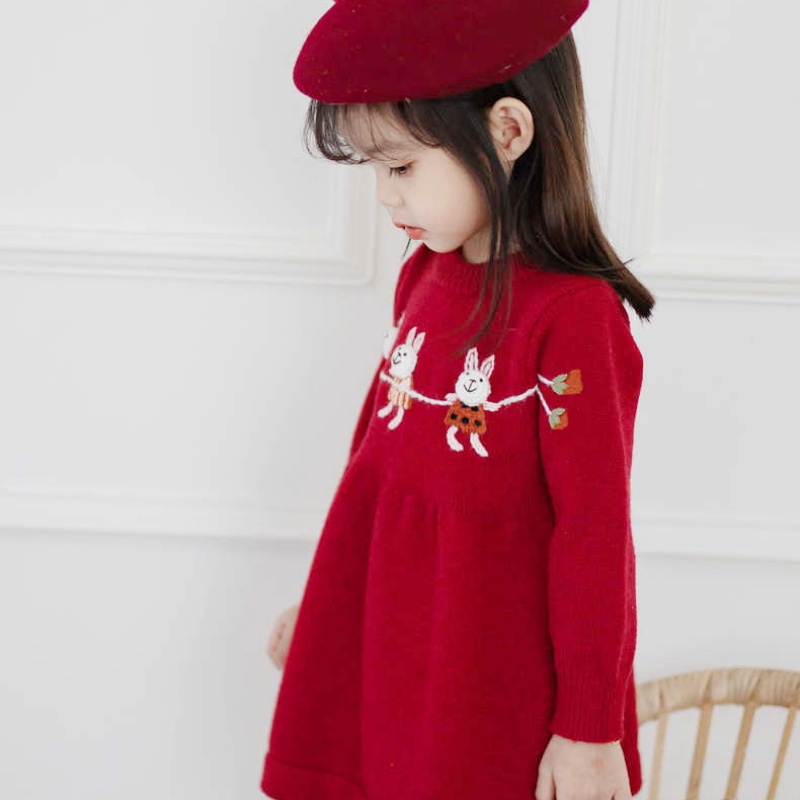 Áo Sweater Dệt Kim Dáng Chữ A Thêu Hình Chú Thỏ Dễ Thương Phong Cách Hàn Quốc Thời Trang Năm Mới Cho Bé Gái