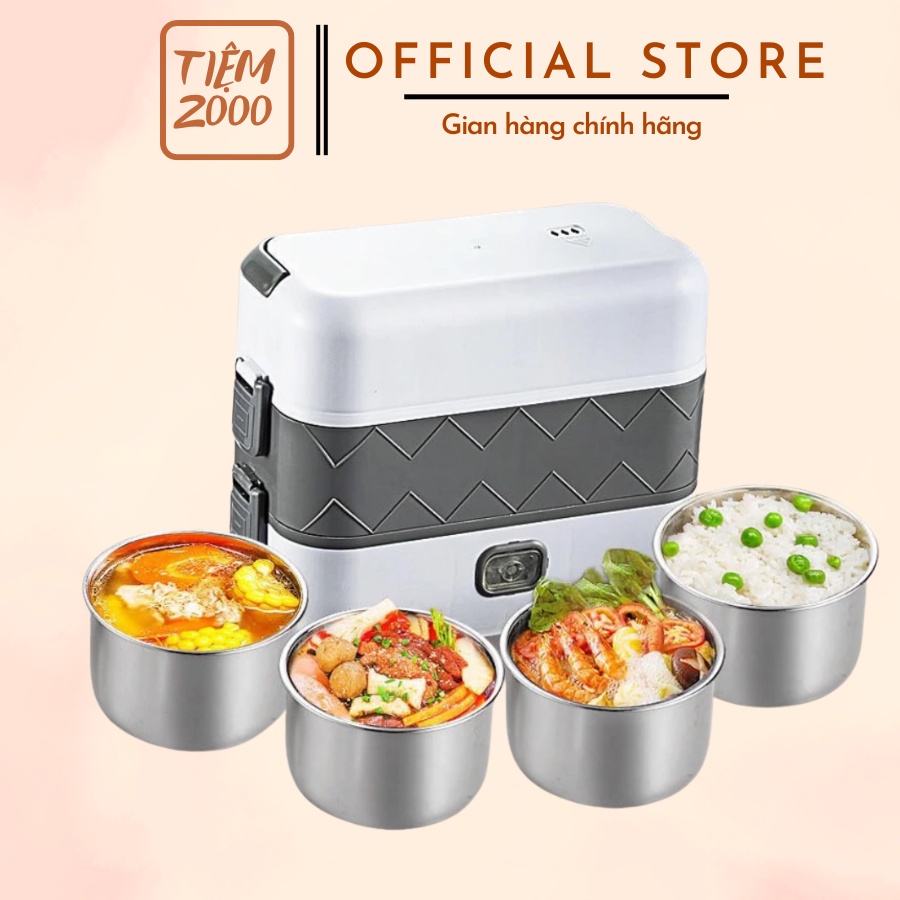 Hộp cơm cắm điện văn phòng 2 tầng 4 khay inox giữ nhiệt, tự nấu chín thưc ăn, hâm nóng đồ ăn bảo hành 12 tháng