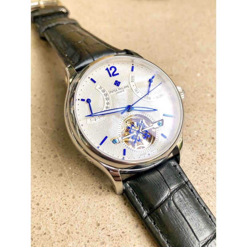 Đồng hồ Nam Patex 6kim cơ automatic máy nhật vàng có lịch thứ ngày trăng sao dây da