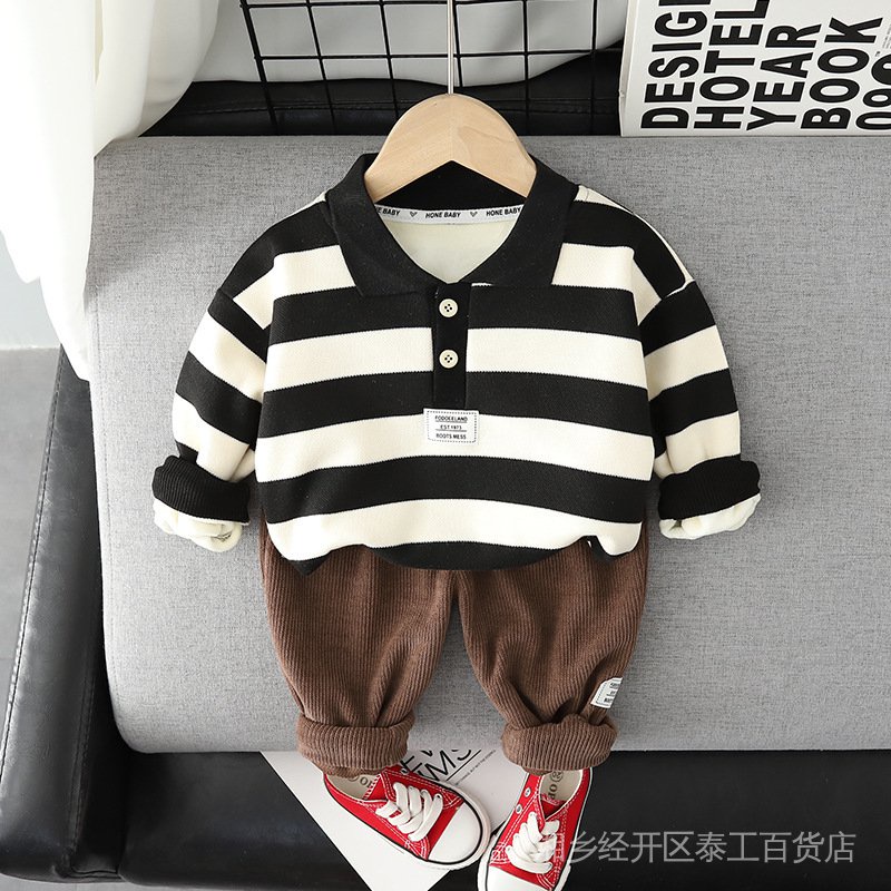 Set Đồ Thu Đông Hai Món Gồm Áo Lót Lông Cừu Tay Dài Và Quần Dài Kẻ Sọc Thời Trang Mới 2022 IJ5Z Cho Bé Trai