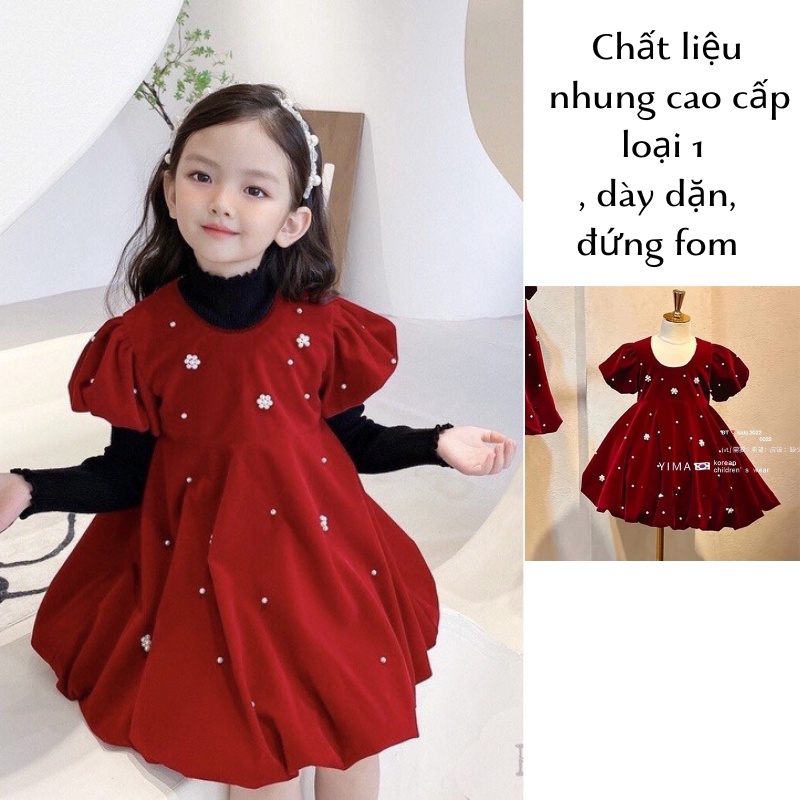 Váy đầm nhung đỏ công chúa tay bồng đính ngọc siêu xinh cho bé diện Noel và Tết cho bé JIMADO