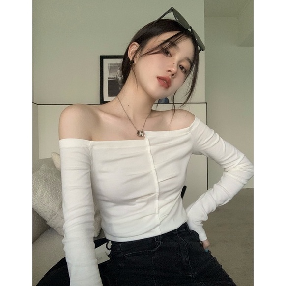 QKOOLE  Áo croptop Trễ Vai Phong Cách Hàn Quốc Cho Nữ
