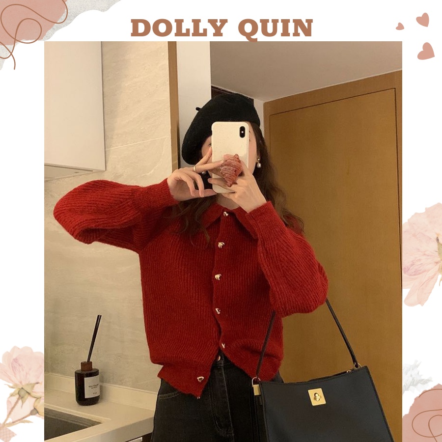 Áo khoác len nữ mùa đông áo khoác cardigan tay dài nữ đỏ đô cúc trái tim tôn da ấm áp A011 Dolly Quin