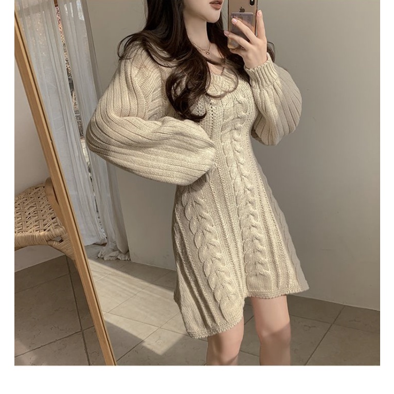 Đầm Dệt Kim Chữ A Tay Dài Cổ Chữ V Dáng Ôm Thời Trang Mùa Thu Nhẹ Nhàng Cho Nữ