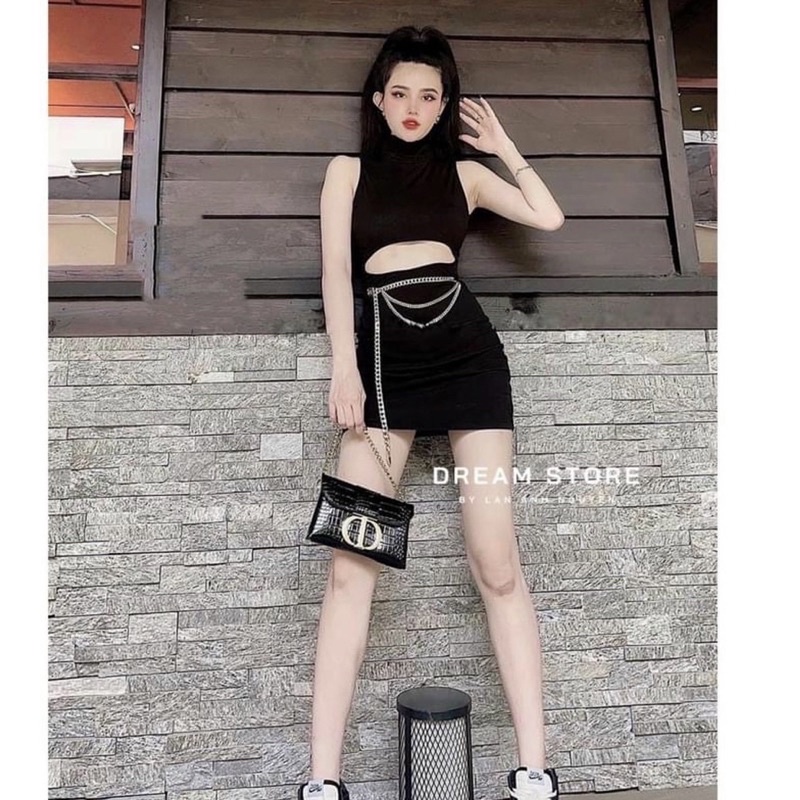 Đầm ba lỗ phối xích ôm body khoét eo chất thun borip dày mịn đẹp