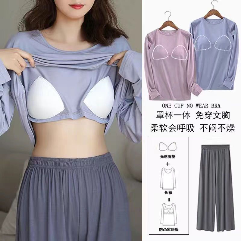 Bộ Đồ Ngủ 100% Cotton Tay Dài Có Mút Đệm Ngực Chống Chói Dành Cho Mẹ Bầu