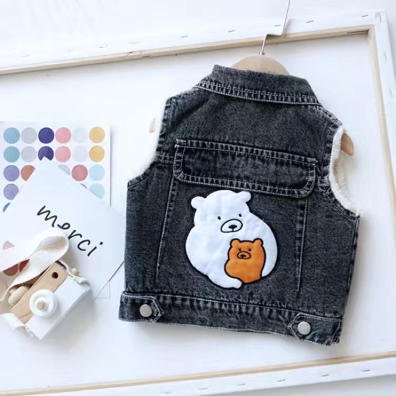 Áo gi-lê jean lót lông in hình gấu cho bé trai bé gái