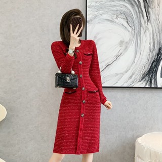 Váy len kiểu nữ xinh cổ tròn dáng a dài ngang gối hàng Quảng Châu, đầm len ôm dệt kim tôn dáng hai màu đỏ tím than 2022