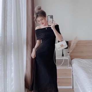 Đầm midi gân trắng bẹt vai gấp