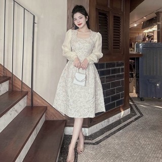 VÁY GẤM LI EO CỔ VUÔNG CÓ LÓT PHỐI