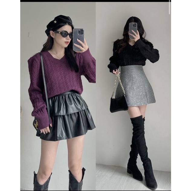 [NEW]ÁO LEN THỪNG CROPTOP CỔ V CÓ ĐỆM VAI 7611