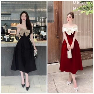Đầm midi trễ vai nơ ngực bản to