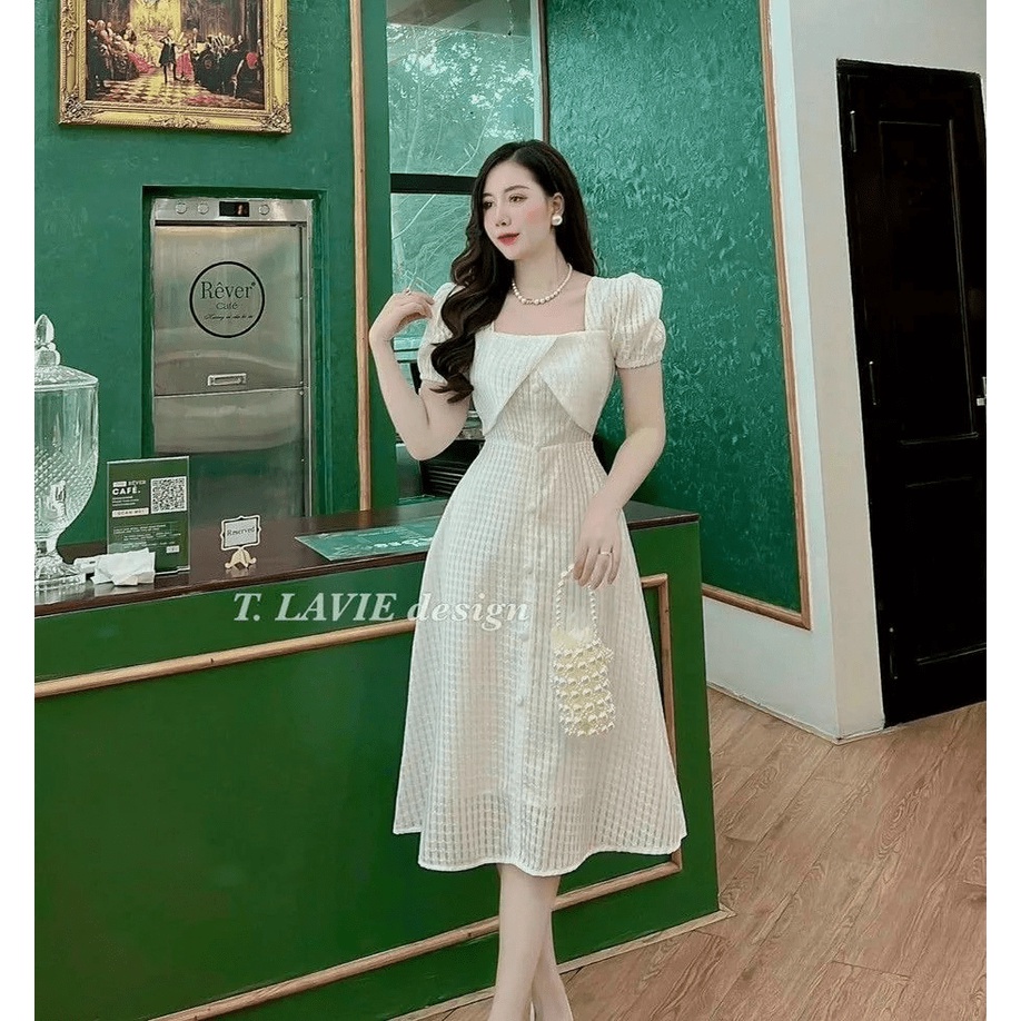 Váy đầm nữ dáng xòe tay phồng nút bọc cổ vuông (có mút) thích hợp đi chơi dự tiệc cực sang MIDU FASHION