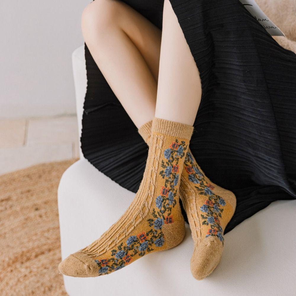 Vớ Len Dày Mềm Mại In Họa Tiết Hoa Phong Cách Harajuku Cổ Điển Thời Trang Mùa Đông Cho Nữ