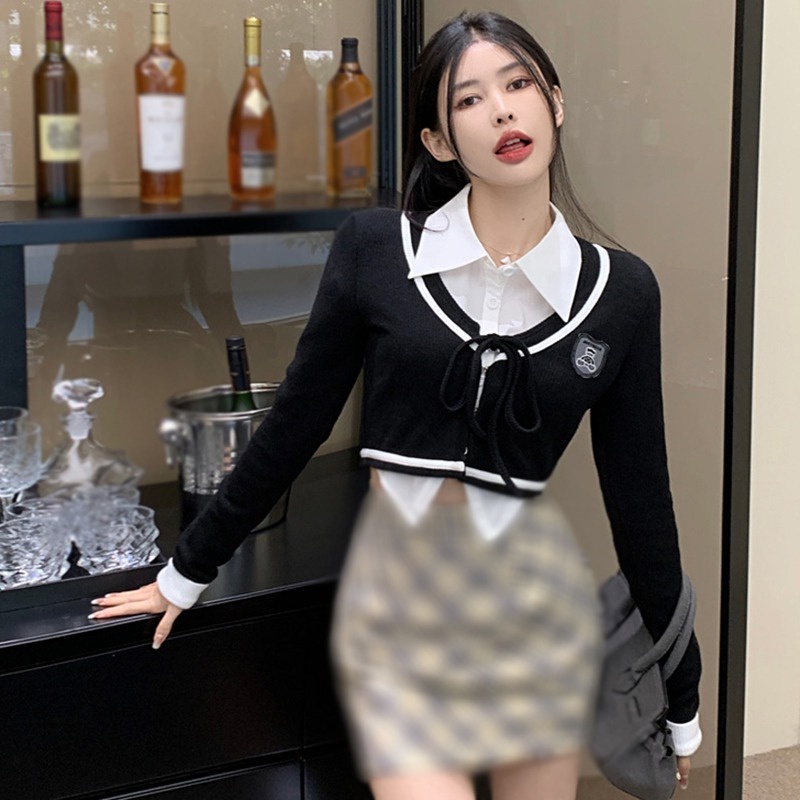 Áo Cardigan Dệt Kim Tay Dài Cổ Tròn Màu Sắc Tương Phản Thời Trang Cho Nữ