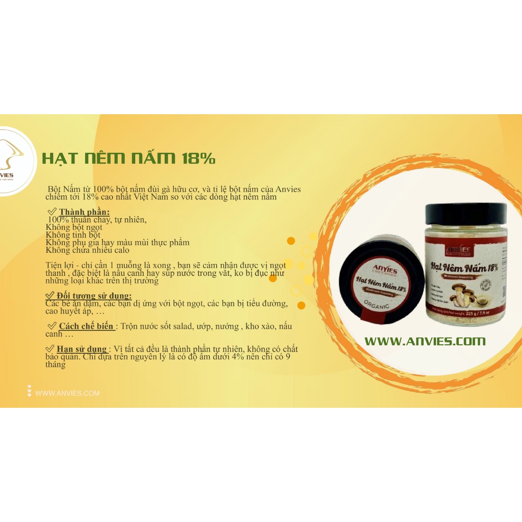 Hạt nêm chay Anvies- 18% nấm Oganic