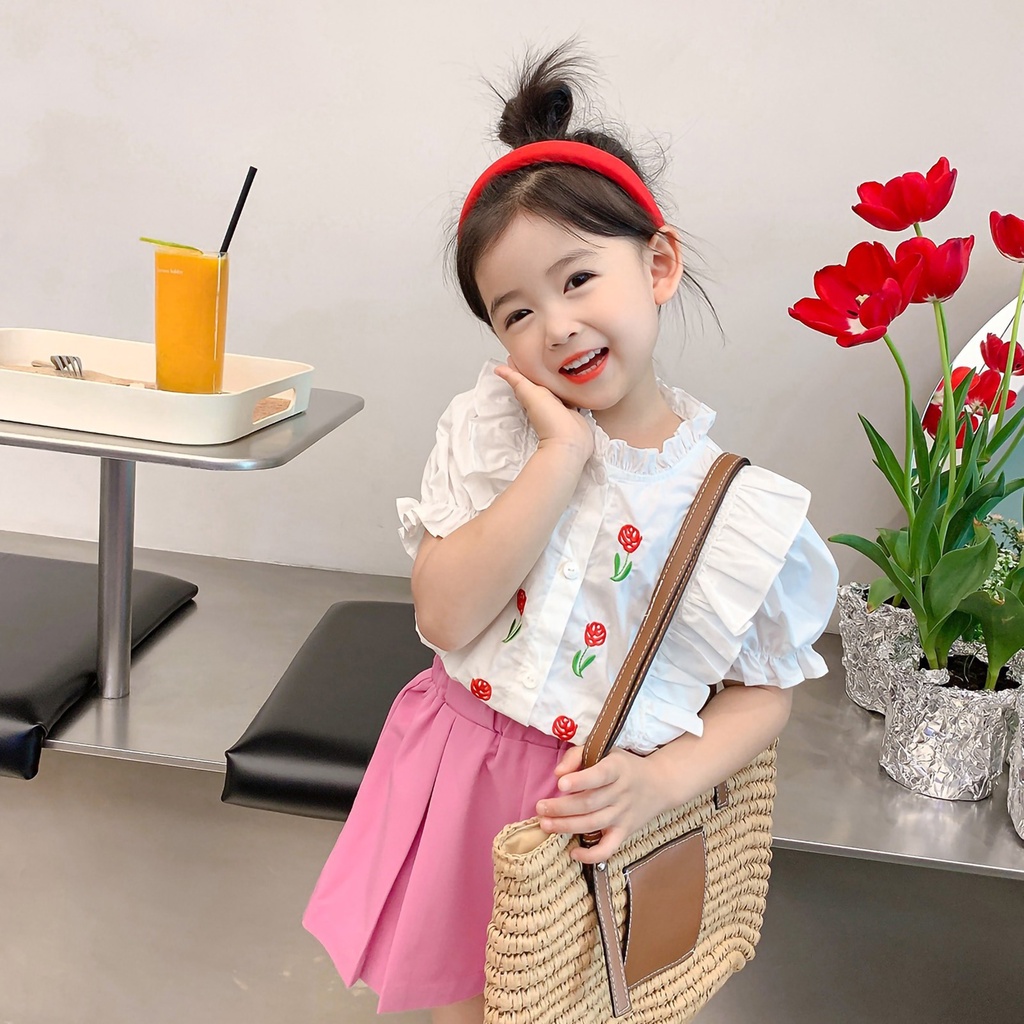 Babyfair. Bộ Áo Sơ Mi Tay Ngắn Phồng + Quần Short Thời Trang Mùa Hè Cho Bé Gái