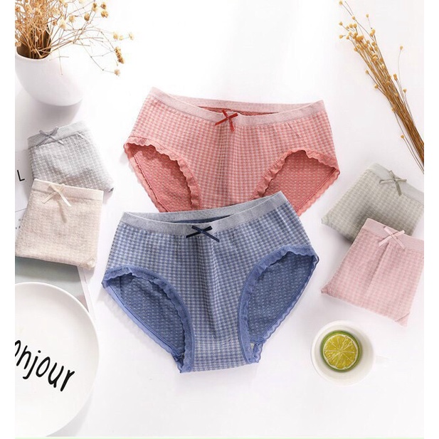 Set 5 Quần Lót Nữ Kháng Khuẩn Kẻ ô Nhiều Màu Dễ Thương, Quần Lót Cotton Viền Ren QL04