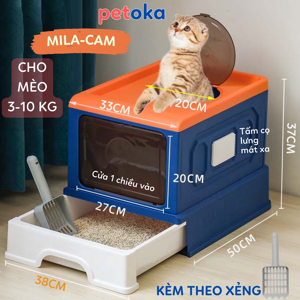 Nhà vệ sinh cho mèo cỡ lớn có ngăn kéo khép kín chống văng vào cửa dưới ra cửa trên kèm xẻng cho mèo tới 10kg