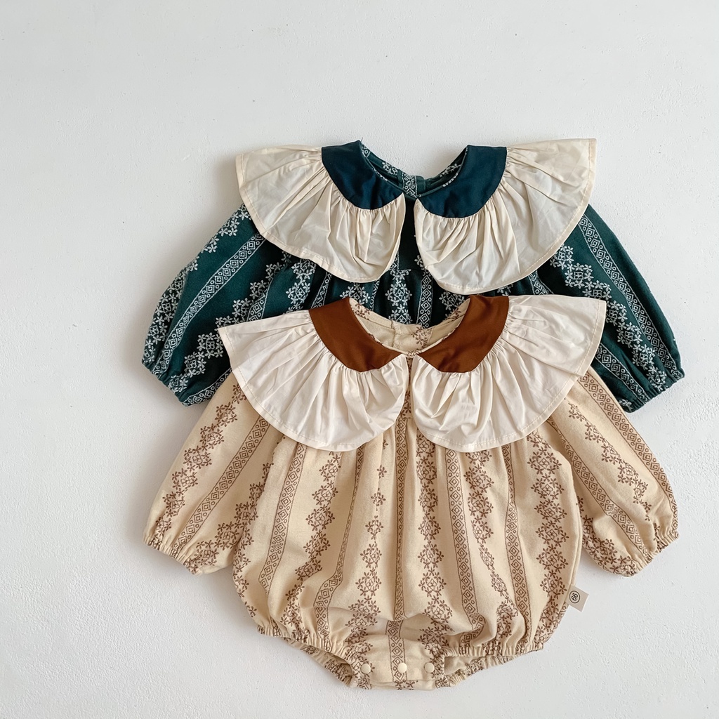 Bộ Áo Liền Quần Cổ Bèo Thêu Họa Tiết Xinh Xắn Thời Trang Mùa Thu Cho Bé Gái Từ 0-2 Tuổi