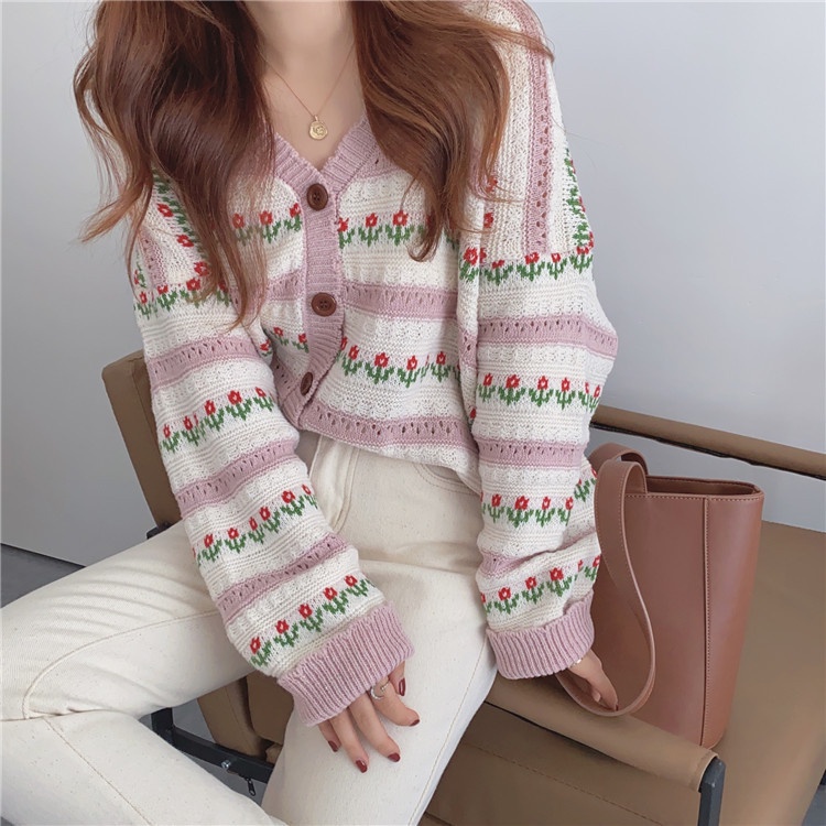 IELGYÁo Khoác cardigan Họa Tiết Hoa Phong Cách retro Hàn Quốc Dễ Phối Đồ Cho Nữ