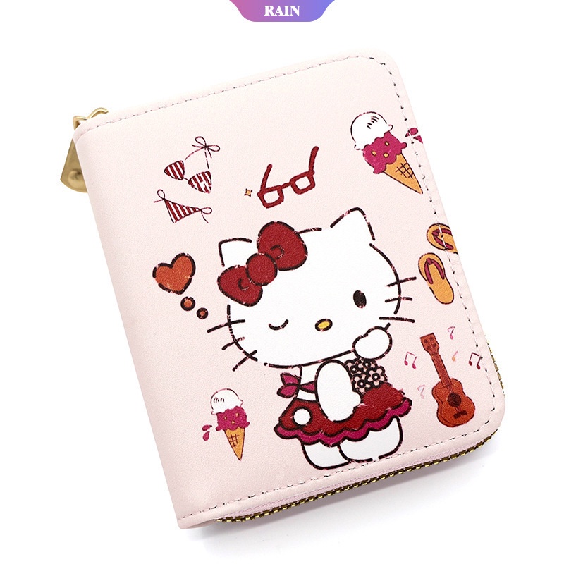 Ví Ngắn Đựng Thẻ / Tiền Xu Nhiều Ngăn Sức Chứa Lớn In Họa Tiết Hoạt Hình Sanrio Hello Kitty Dễ Thương Có Khóa Kéo Cho Nữ