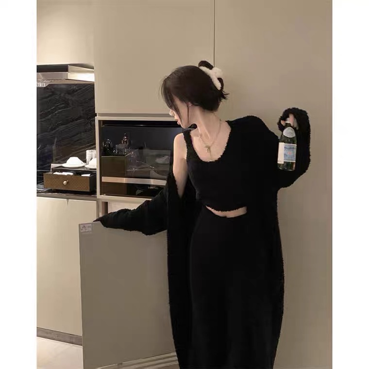 SET ÁO KHOÁC cardigan LÔNG Thỏ MÀU ĐEN DÁNG NGẮN VÀ DÀI hàng QUẢNG CHÂU MÃ K220592