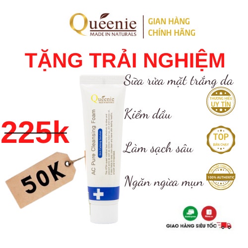 Sữa Rửa Mặt Queenie AC Pure Dưỡng Trắng Kiềm Dầu Cho Da Mụn Da Nhạy Cảm 20ml