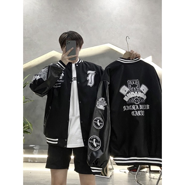 ÁO KHOÁC BOMBER KAKI TAY DA THÊU UNISEX NAM NỮ