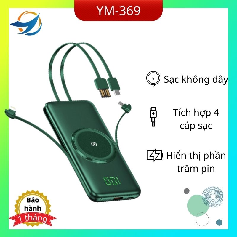 sạc dự phòng không dây YM-369 tích hợp sẵn 4 cáp sạc dung lượng 10000mAh siêu mỏng gọn nhẹ cầm chắc tay