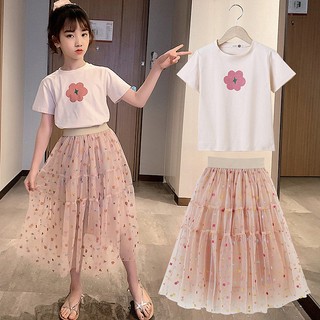 Set áo thun tay ngắn 100% cotton + chân váy thời trang mùa hè cho bé gái