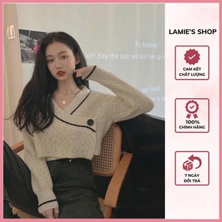Áo len vạt chéo cài cúc dài tay kiểu dáng croptop