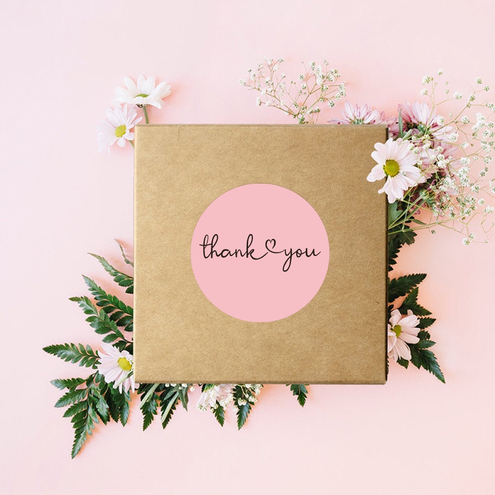 Cuộn 500 nhãn dãn cảm ơn, sticker thank you, tem tròn thank you, tem cảm ơn màu hồng