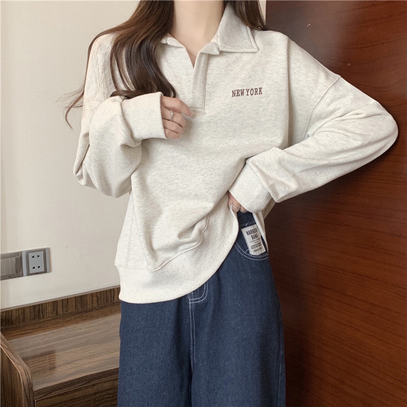 Áo sweatshirt SUXI tay dài cổ bẻ phong cách Hàn Quốc thời trang dành cho nữ